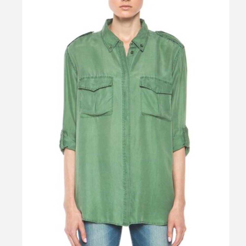 Equipment Femme Major Blouse Safari Green Military Inspired Silk Shirt Oversized